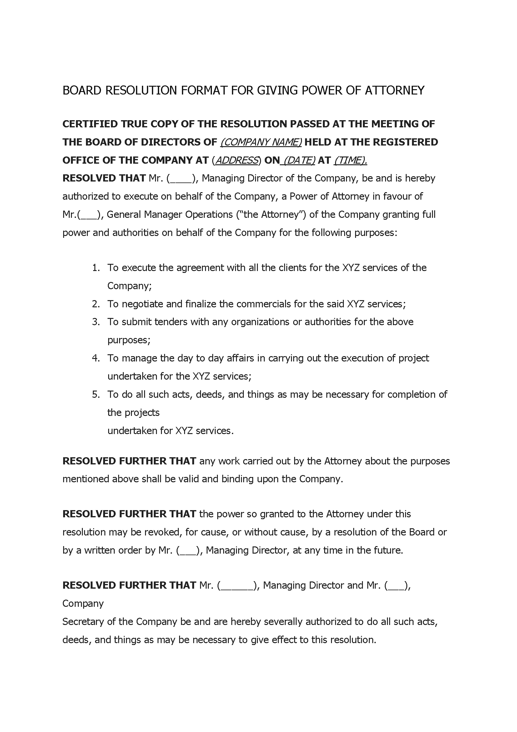 Board Resolution Format For Giving Power Of Attorney